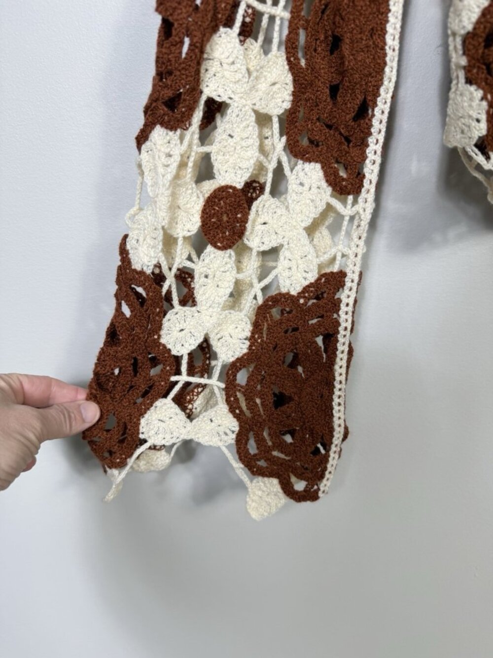 Rebellion Again Crochet Sweater Womens L Brown White Floral Open Boho Festival - Picture 6 of 11